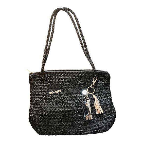 The Sak Black Woven Double Handle Purse Hand Bag with Zip Top and Tassel Accent - Picture 1 of 11